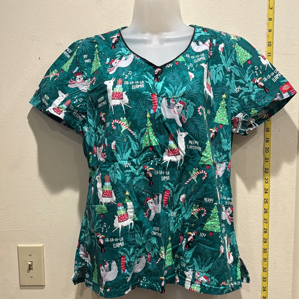 Dickies Green Holiday Llama Scrub  Print Blouse